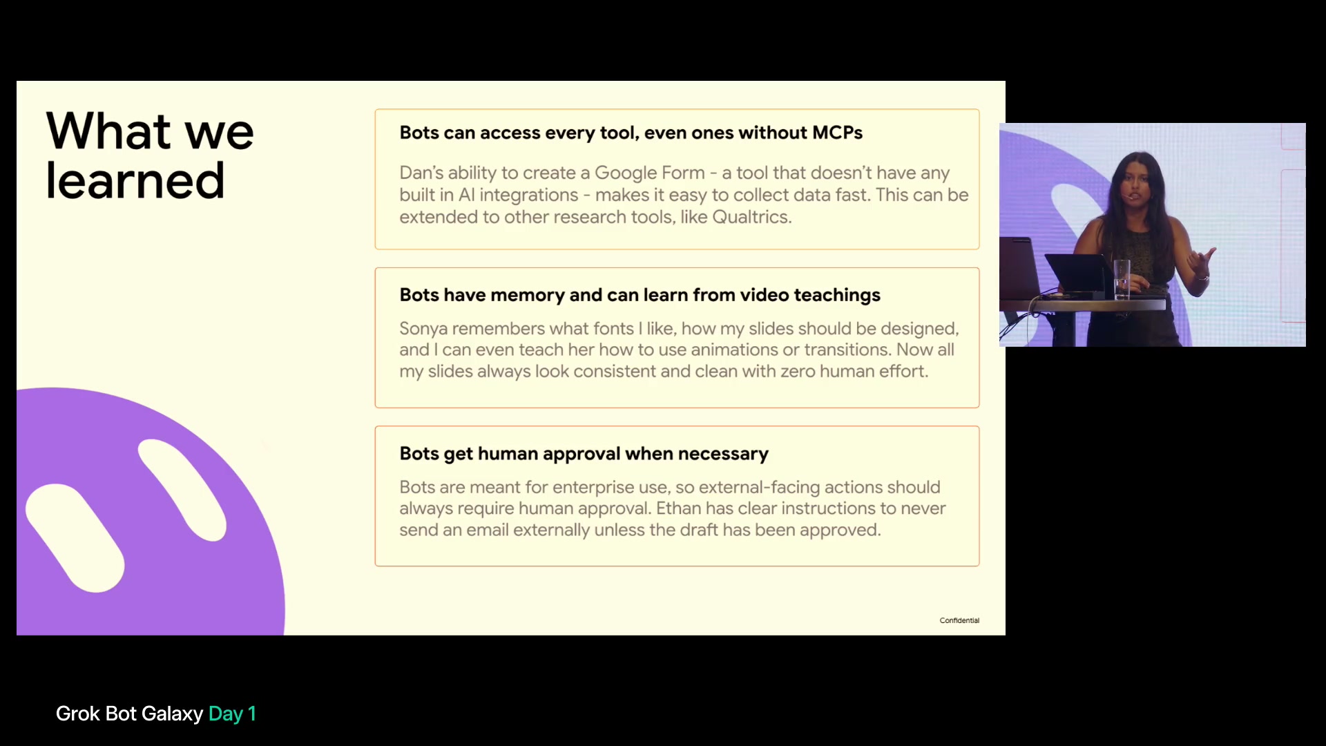 What we learnedのスライド。道具の操作、記憶と動画からの学習、人の承認を3段に分け、DataDan、Slide Sonya、Email Ethanの例で説明している。
