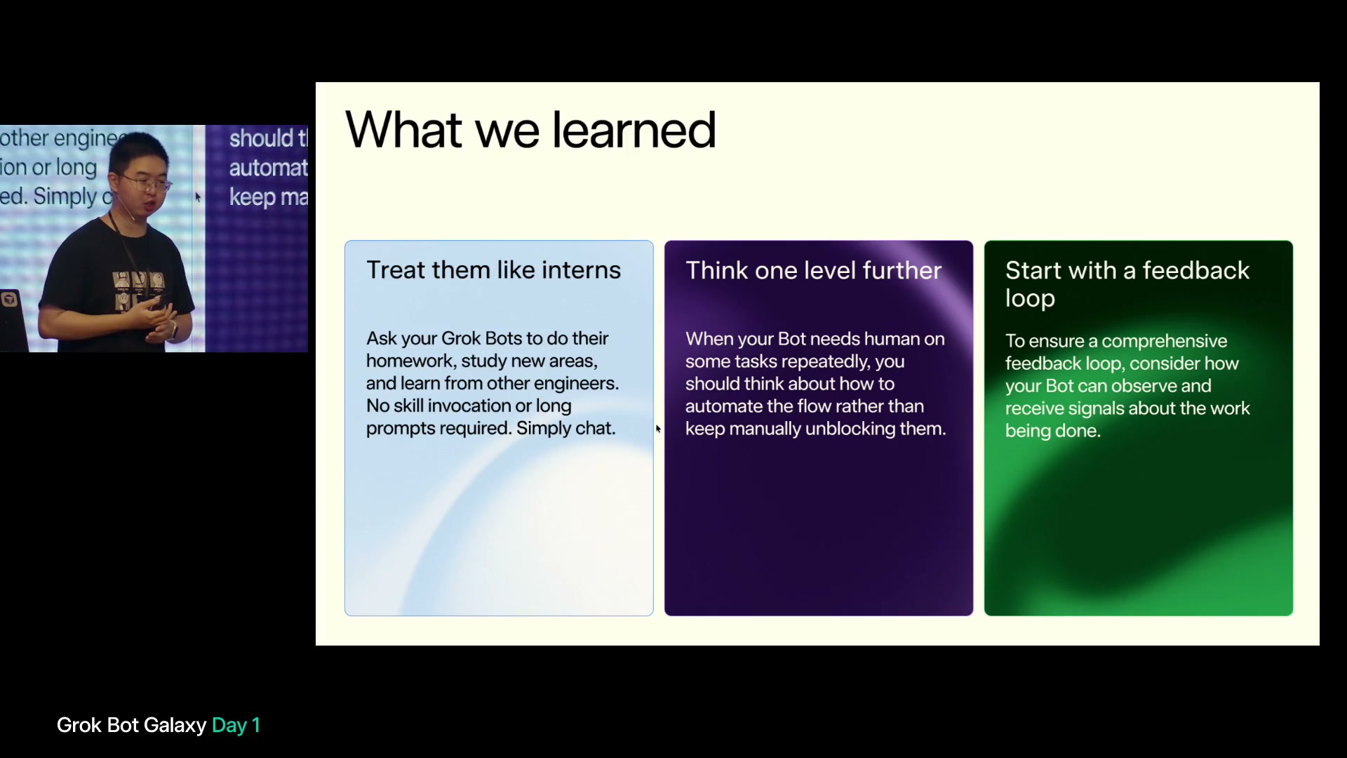 What we learned。Treat them like interns、Think one level further、Start with a feedback loopの3項目。