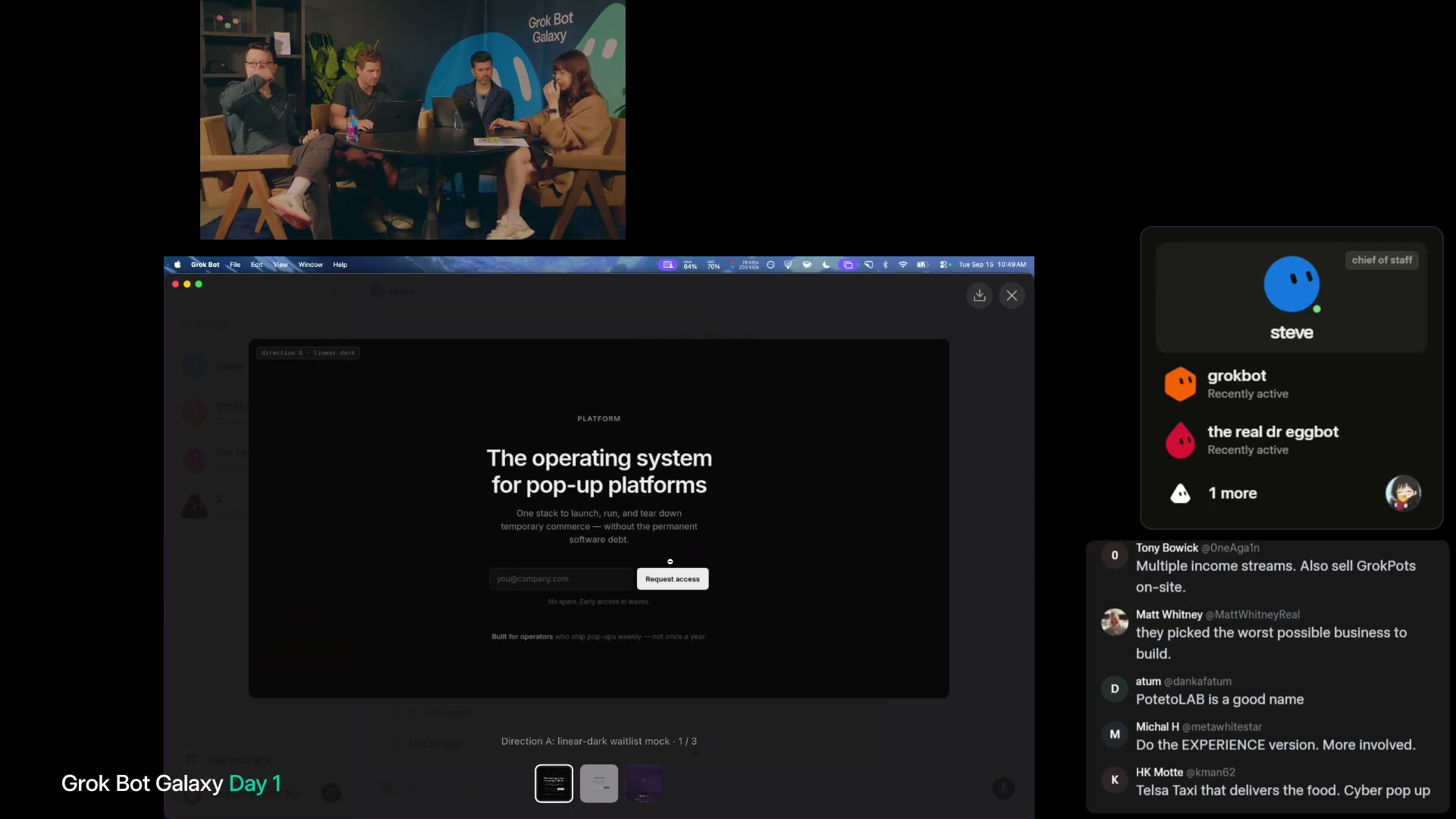 ポップアップ運営サービスのLP案。黒背景の画面に見出し、メール登録欄、Request accessボタンがある。