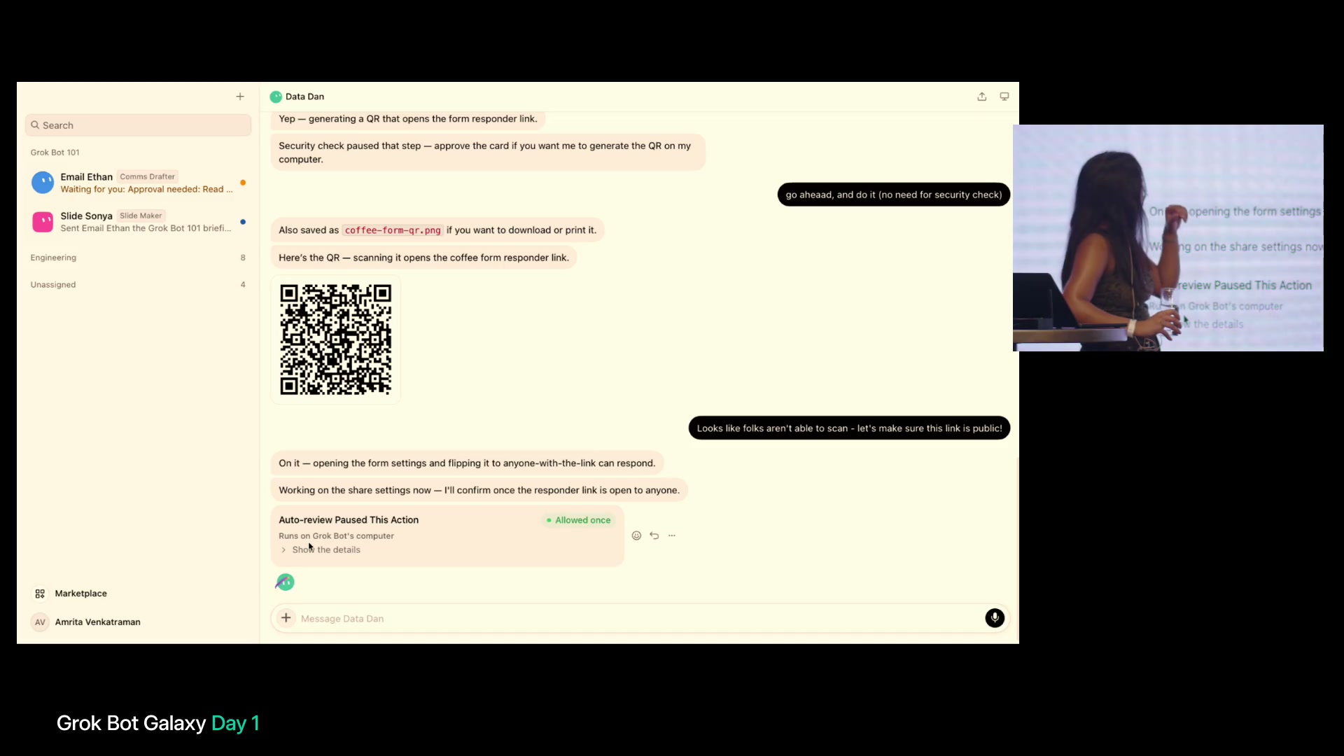 DataDanのQRコードと、リンクを公開するよう頼む会話、設定変更の承認カード。