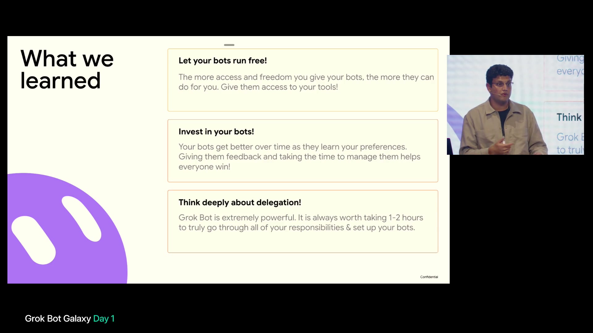 「What we learned」のスライド。ボットに仕事を任せること、育てること、委任する仕事を考えることが3段に並ぶ。