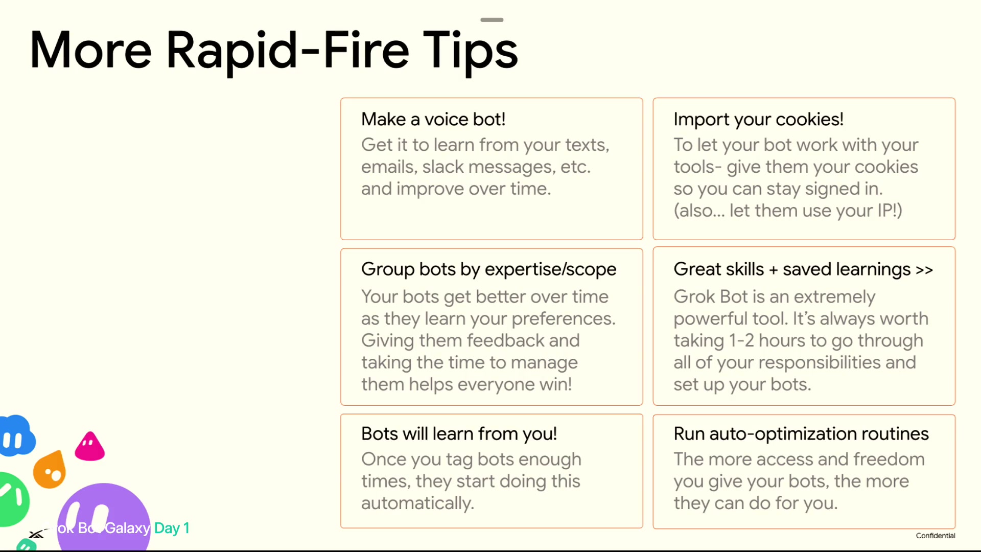 「More Rapid-Fire Tips」のスライド。文体を学ぶボット、Cookie、担当分け、スキル、学習、自動最適化の6枠が並ぶ。