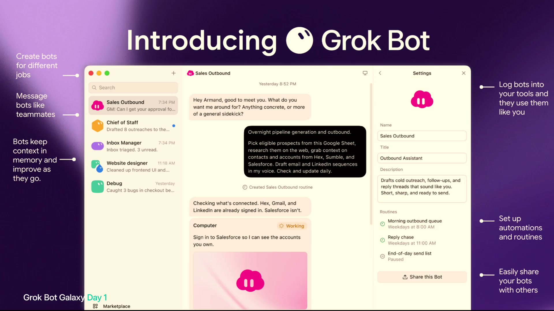 Grok Botの画面構成を説明するスライド。左のボット一覧、中央の会話、右の設定パネルに機能の説明が添えられている。
