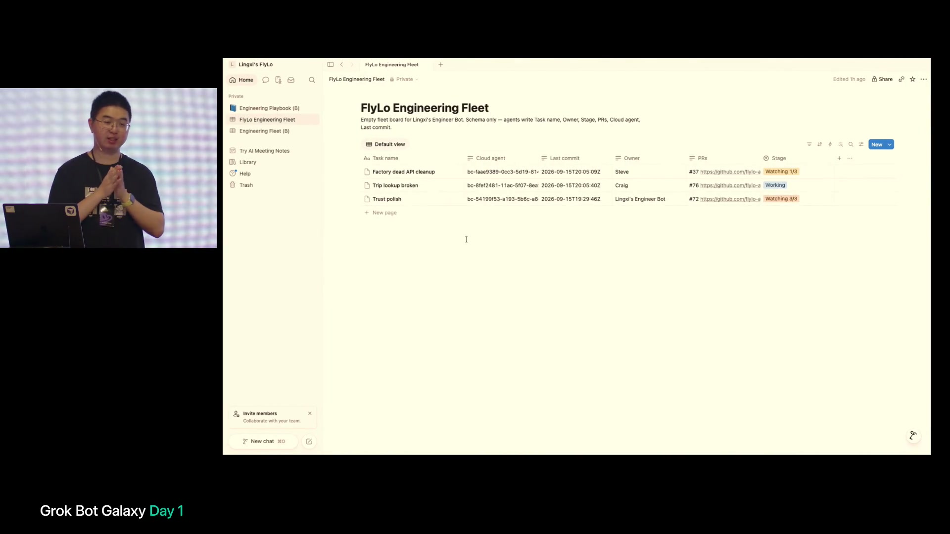 NotionのFlyLo Engineering Fleet。3件のタスクに担当者、Cloud Agent、PR、ステータスが記録されている。
