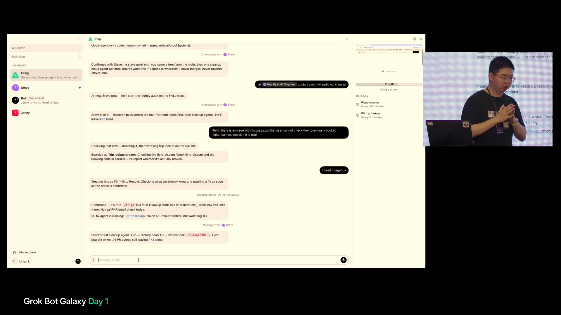 不具合調査を依頼する会話と、右側に5分おきのP0 trip lookupが表示されたGrok Bot画面。