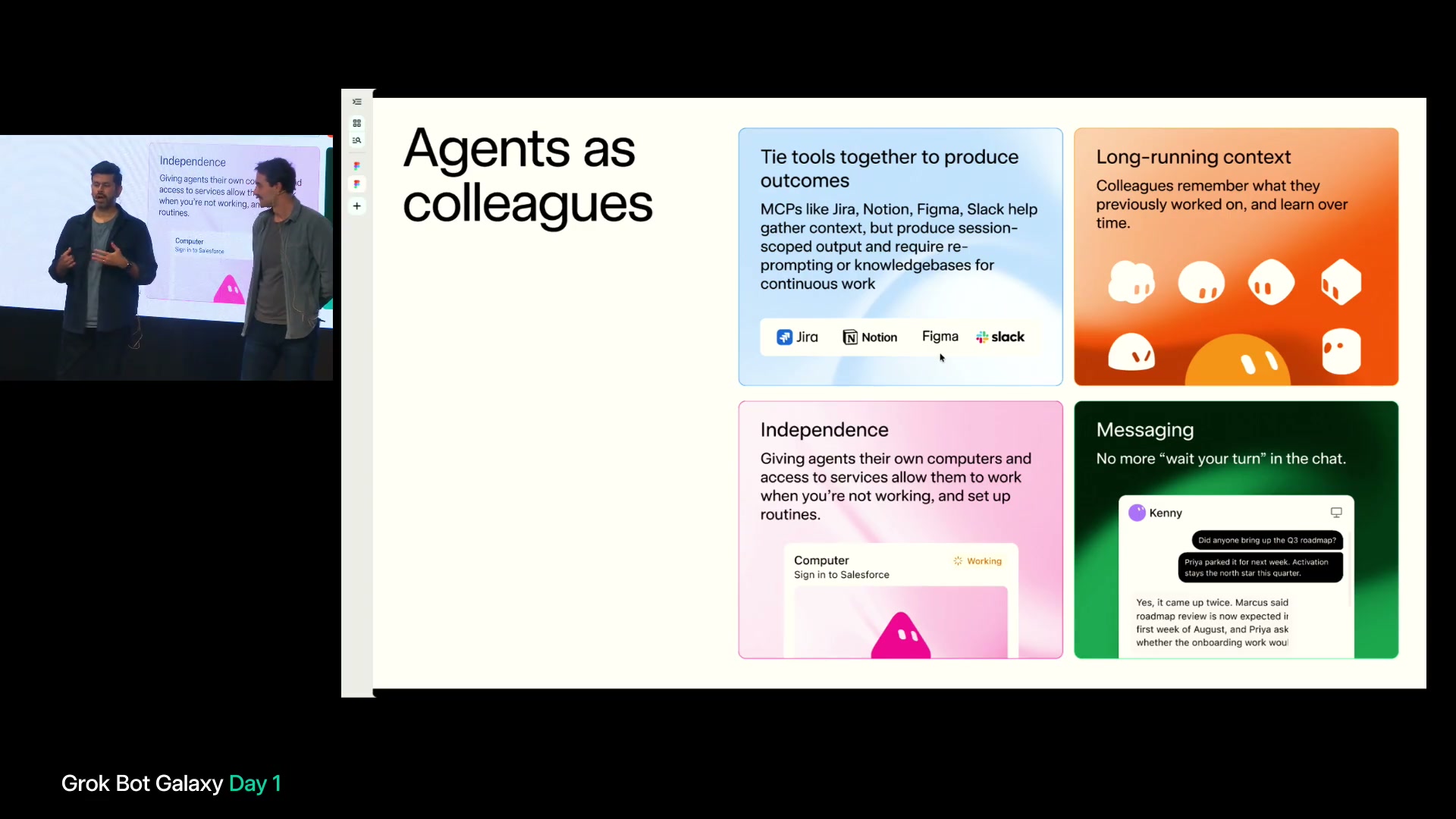 「Agents as colleagues」のスライド。ツール、長期的な情報の保持、独立した作業、メッセージの4項目が並ぶ。