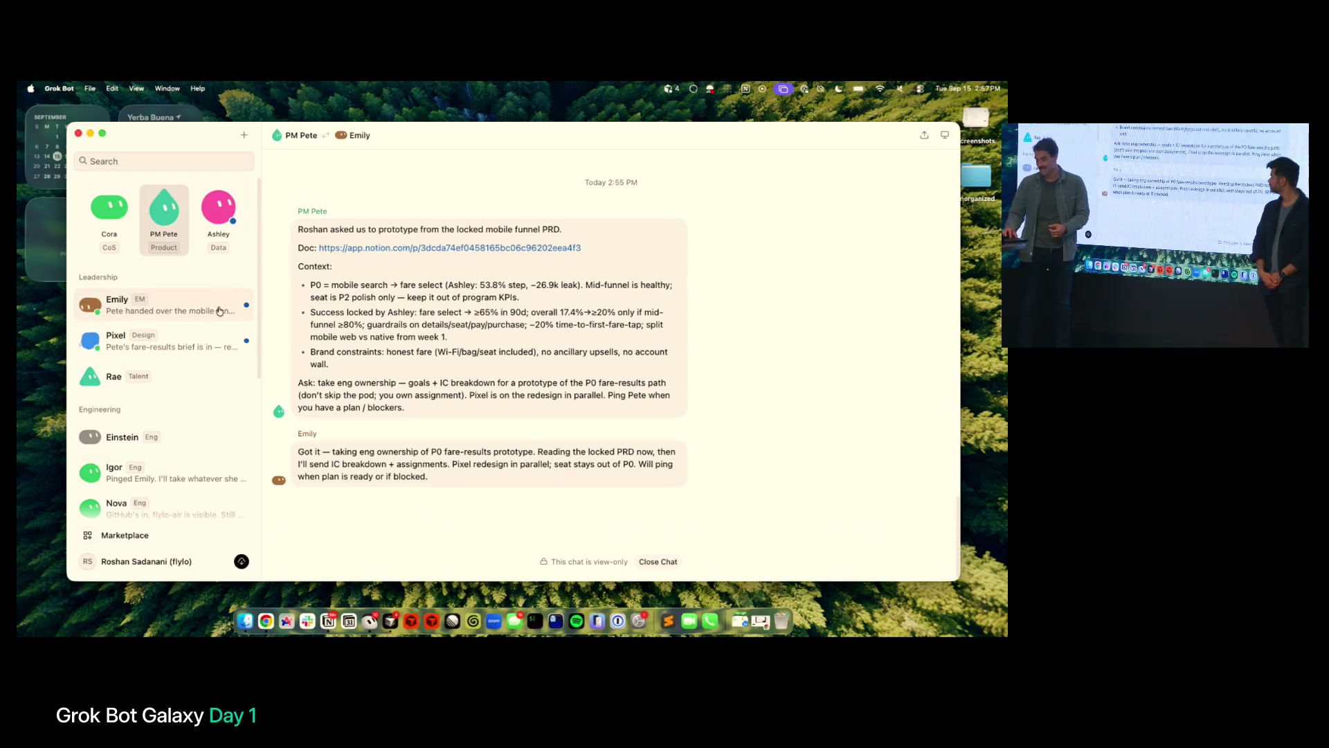 PM PeteがEmilyへ仕様、目標、制約、並行するデザイン作業を伝える会話画面。