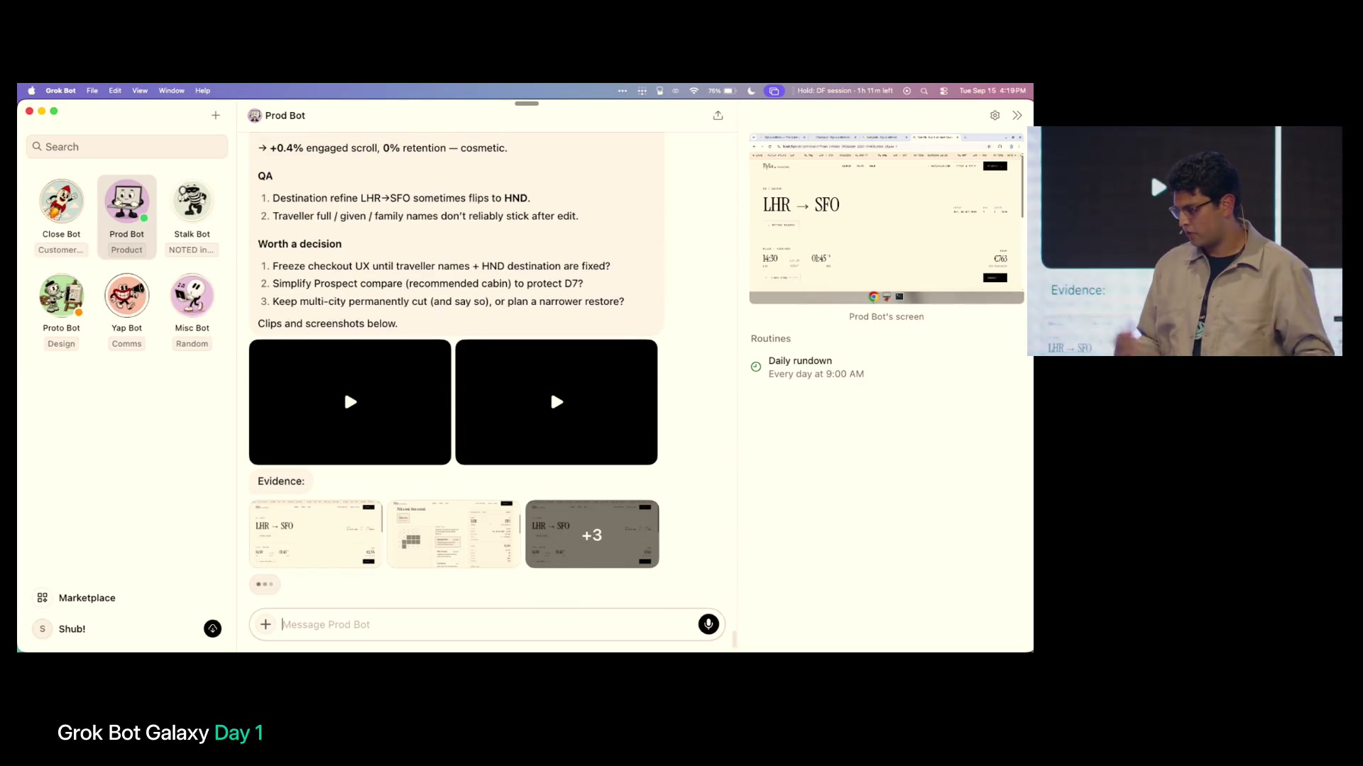 Prod BotがQA結果、判断事項、動画と画面証拠をまとめた報告。右には航空券サイトと日次実行の設定。