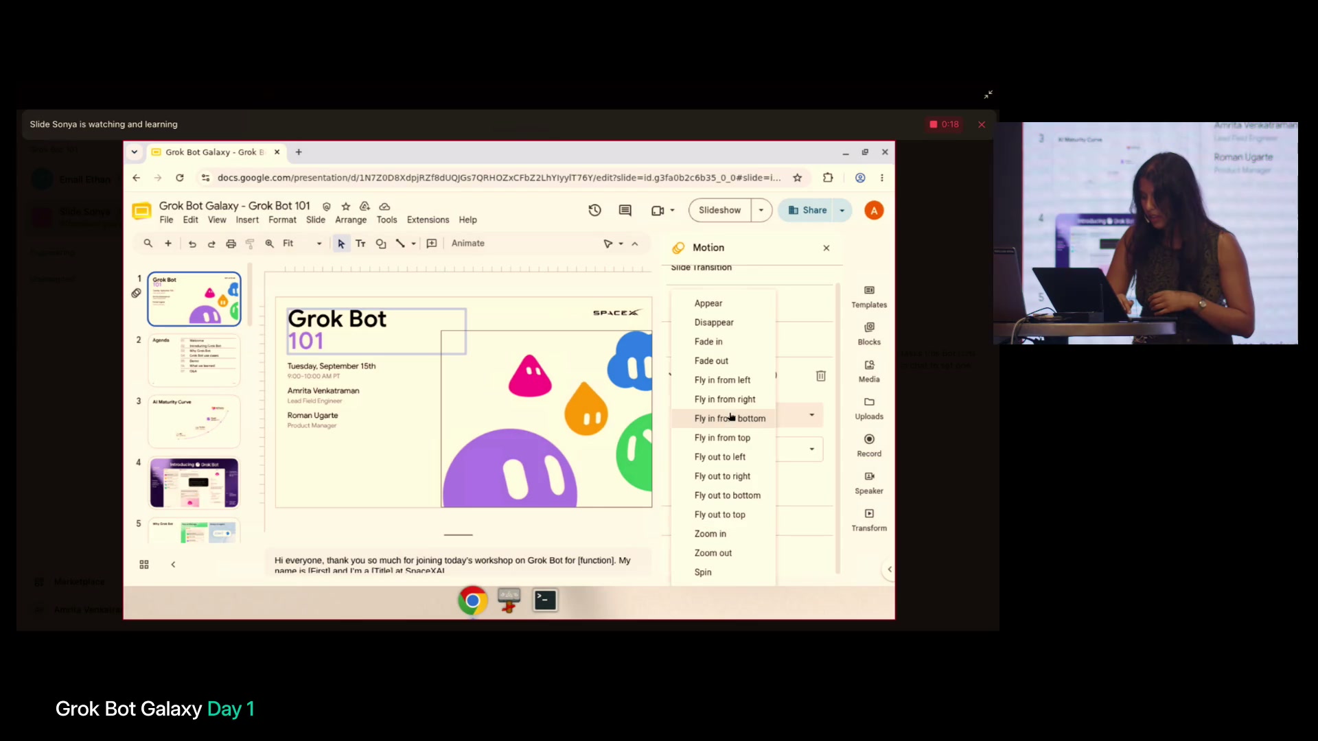 記録中のGoogle Slides画面。右のMotionメニューでアニメーションを選択している。